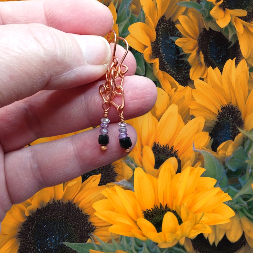 Artisan Copper Wire Earrings with Fluorite and Black Tourmaline